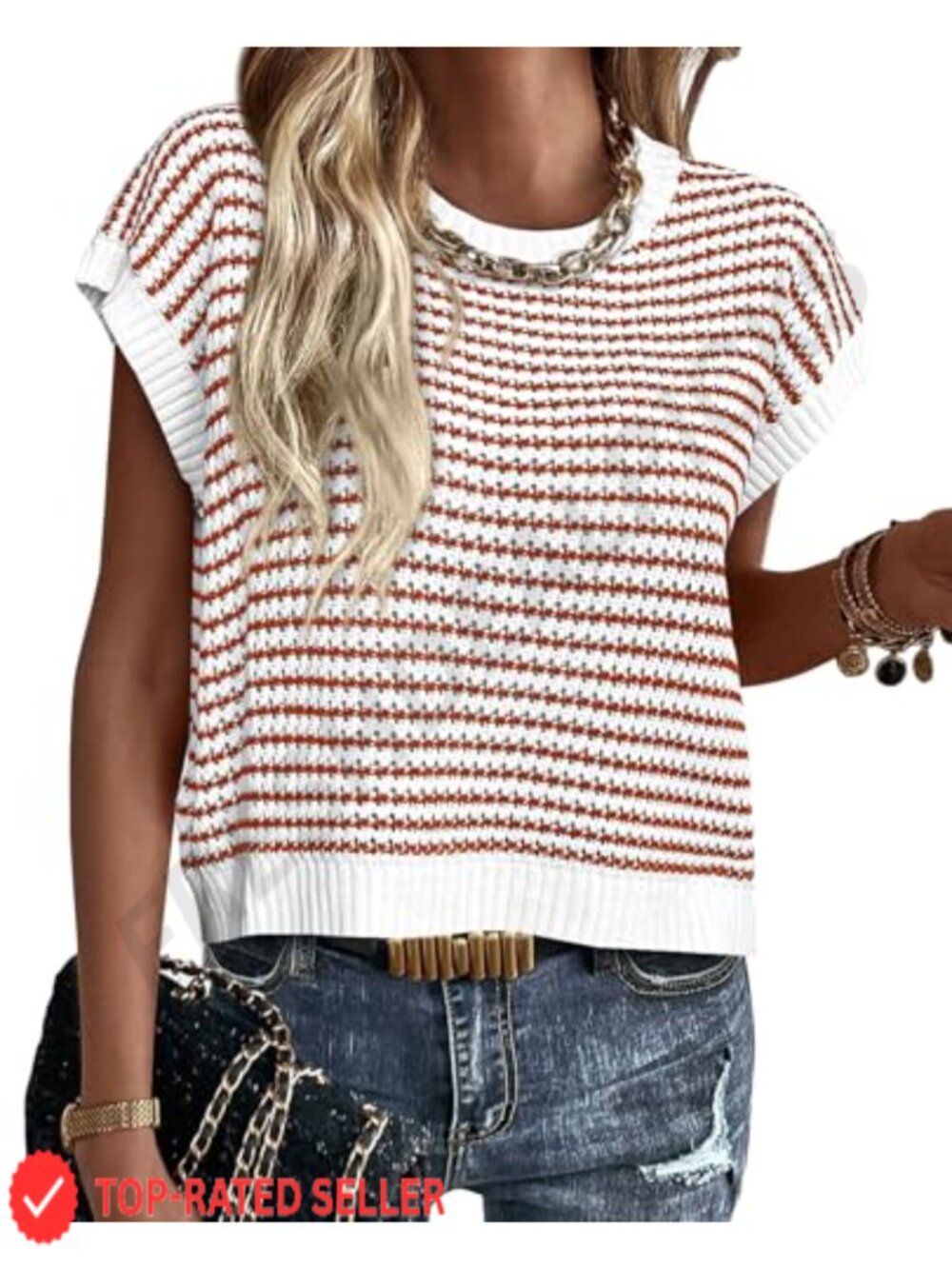 Women's Striped Cap Sleeve Sweater Vest Lightweight Knit Layering Top